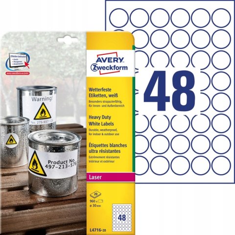 Etykiety Heavy Duty białe średnica Q30mm L4716-20szt AVERY ZWECKFORM Etykiety Heavy Duty białe średnica Q30mm L4716-20szt AVERY ZWECKFORM