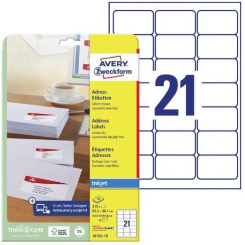 Etykiety adresowe białe 63,5x38,1mm (10 arkuszy = 210 etykiet) J8160-10 AVERY ZWECKFORM Etykiety adresowe białe 63,5x38,1mm (10 arkuszy = 210 etykiet) J8160-10 AVERY ZWECKFORM
