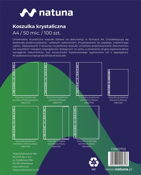 Koszulka krystaliczna A4 50mic NATUNA (100szt) w pudełku Koszulka krystaliczna A4 50mic NATUNA (100szt) w pudełku
